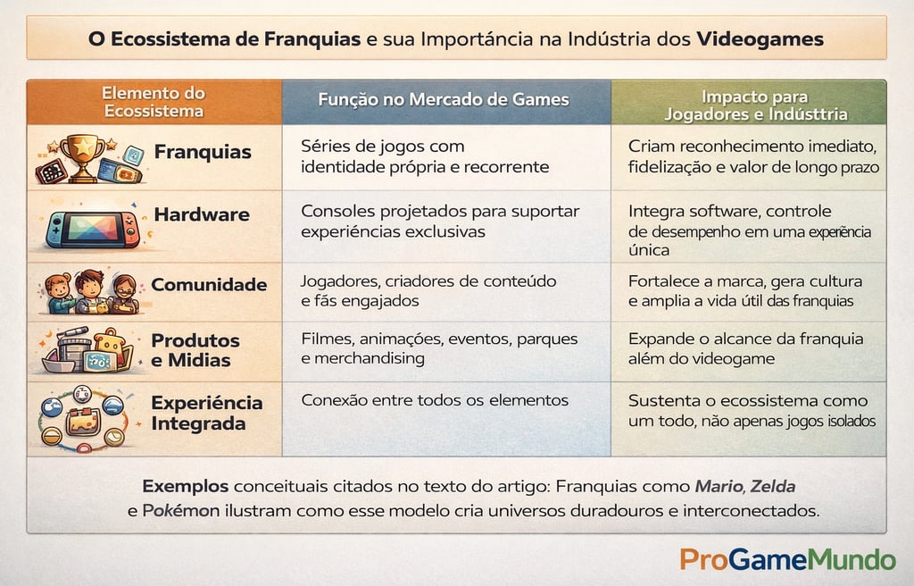 Quadro explicativo mostrando os elementos que formam um ecossistema de franquias nos videogames
