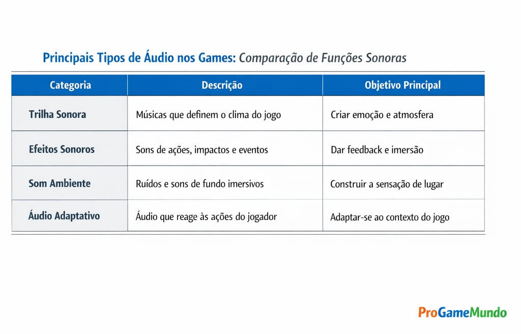 Quadro comparativo dos tipos de áudio nos games e suas funções principais.