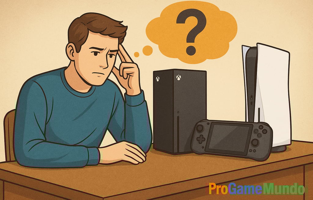 Jovem pensativo diante de Xbox, PlayStation e Steam Deck com ponto de interrogação.