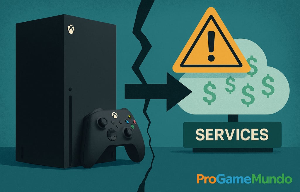 Xbox Series X apontando para nuvem de serviços com sinal de alerta.