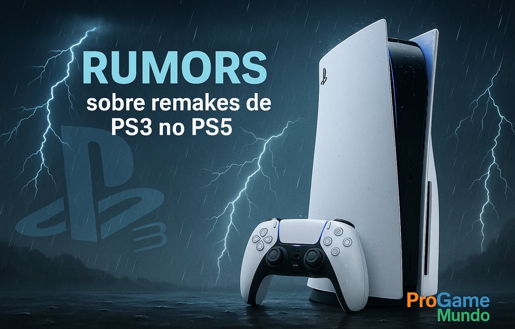 PS5 iluminado sob tempestade com logo do PS3 ao fundo.