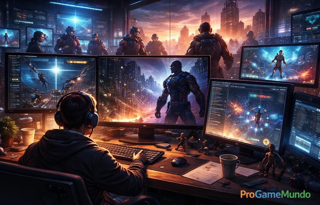 Desenvolvimento de jogo AAA inspirado em quadrinhos em estúdio moderno e tecnológico