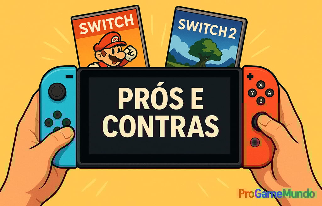 Switch 2 em modo portátil exibindo “Prós e Contras”, representando análise de compatibilidade e ecos