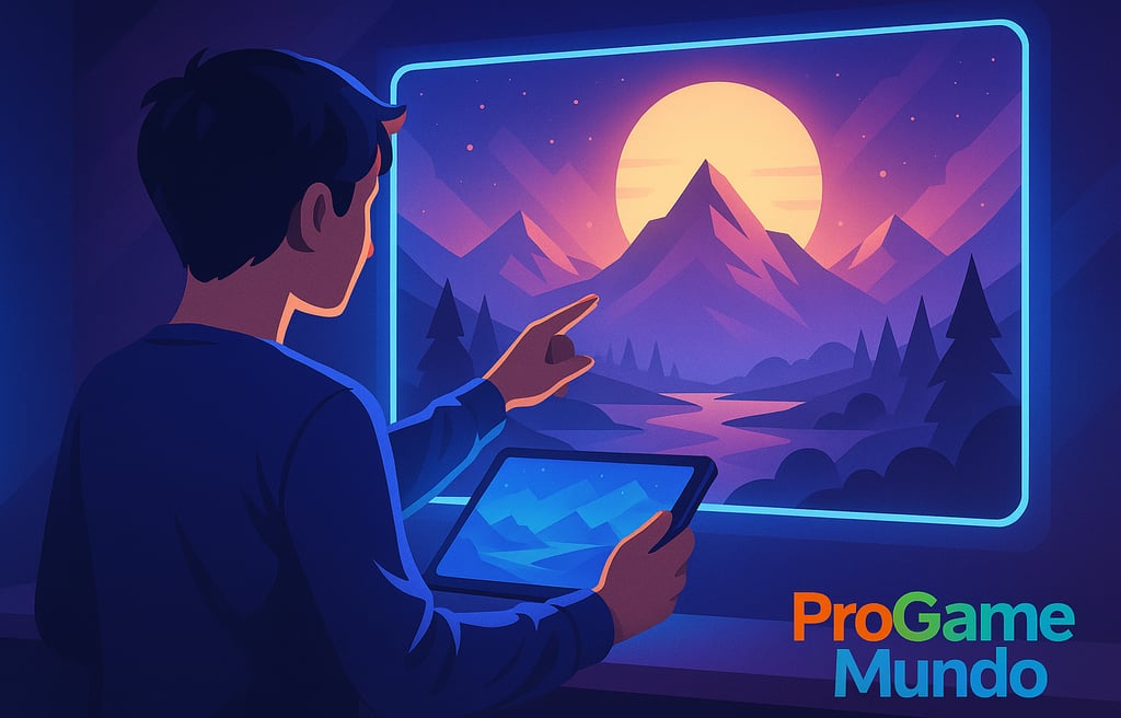 Jogador interagindo com paisagem digital em tablet, simbolizando a era dos jogos digitais.