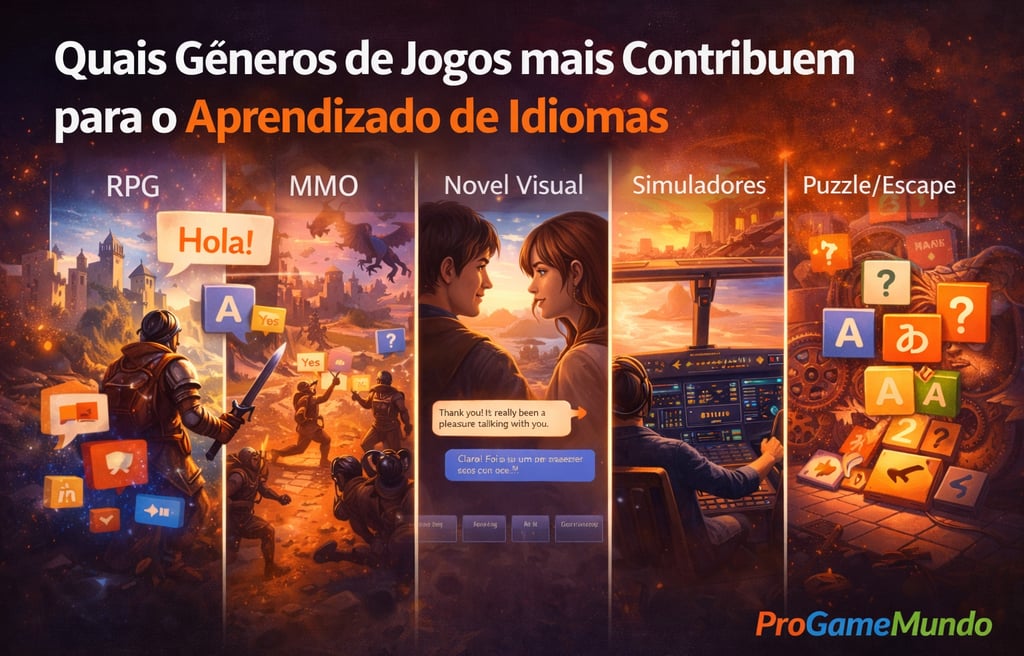 Ilustração comparando gêneros de jogos e suas contribuições para diferentes habilidades linguísticas