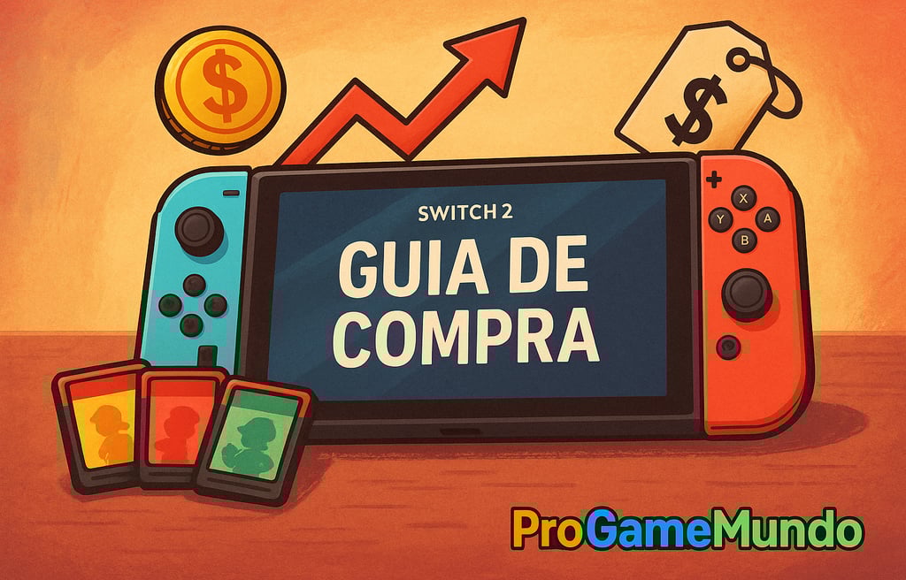 Switch 2 com ícones de preço e moedas, representando o guia de compra e custo-benefício do console.