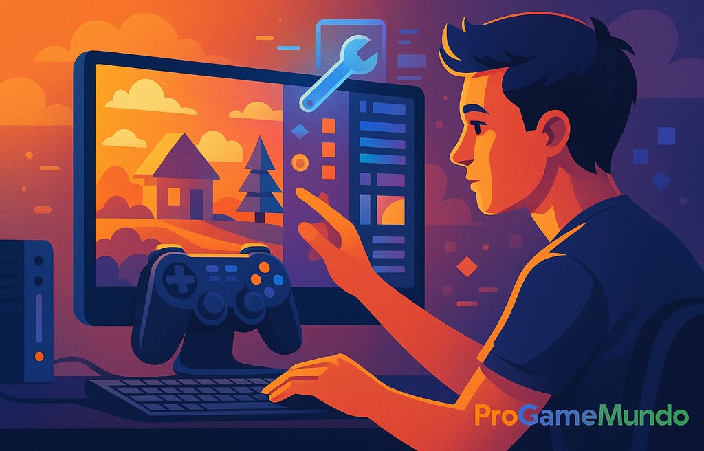 Jovem criando mundo virtual com ícones e ferramentas digitais, representando os jogos como serviço.
