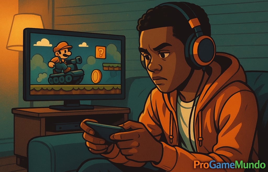 Jovem testando jogo retrô em ambiente criativo, representando a democratização da produção de games.