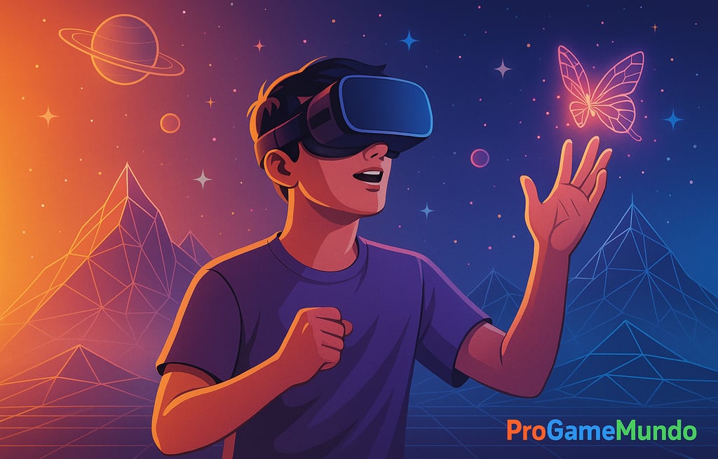 Jovem com headset VR interagindo com borboleta holográfica em cenário digital colorido.