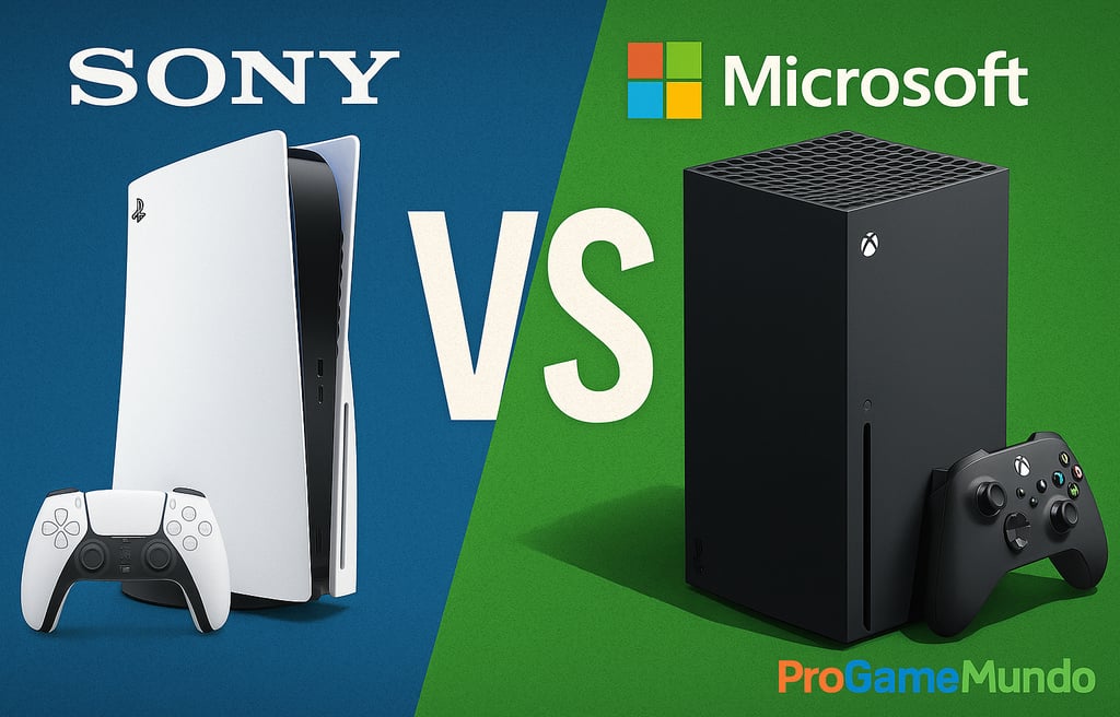 Comparação conceitual entre duas plataformas de games, representando Sony x Microsoft