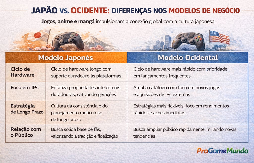 Tabela comparativa entre modelos de negócio japoneses e ocidentais na indústria de games