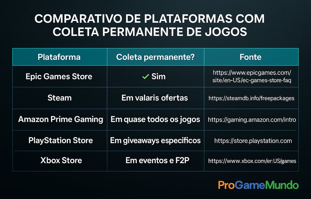 Tabela comparando plataformas e se oferecem jogos gratuitos permanentes.