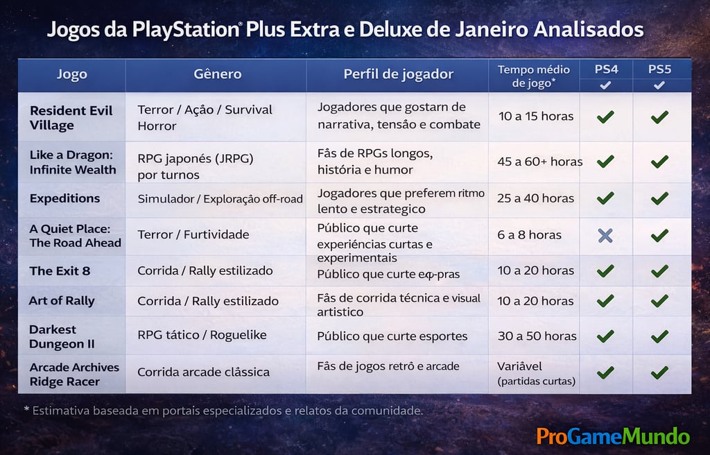 Tabela comparativa dos jogos da PlayStation Plus Extra e Deluxe de janeiro para PS4 e PS5