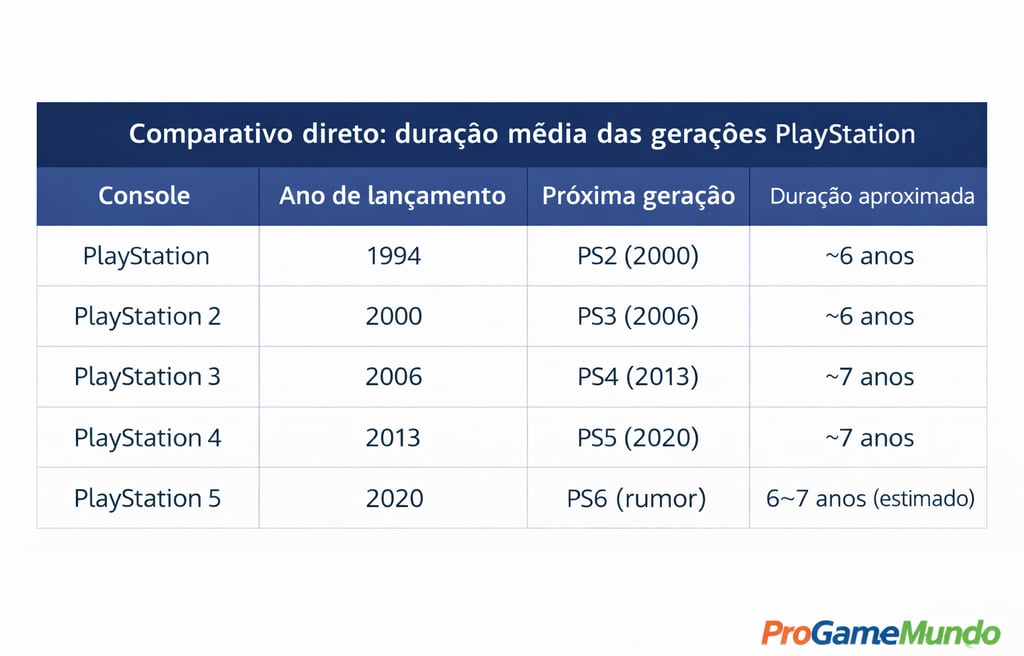 Tabela comparativa da duração média das gerações de consoles PlayStation