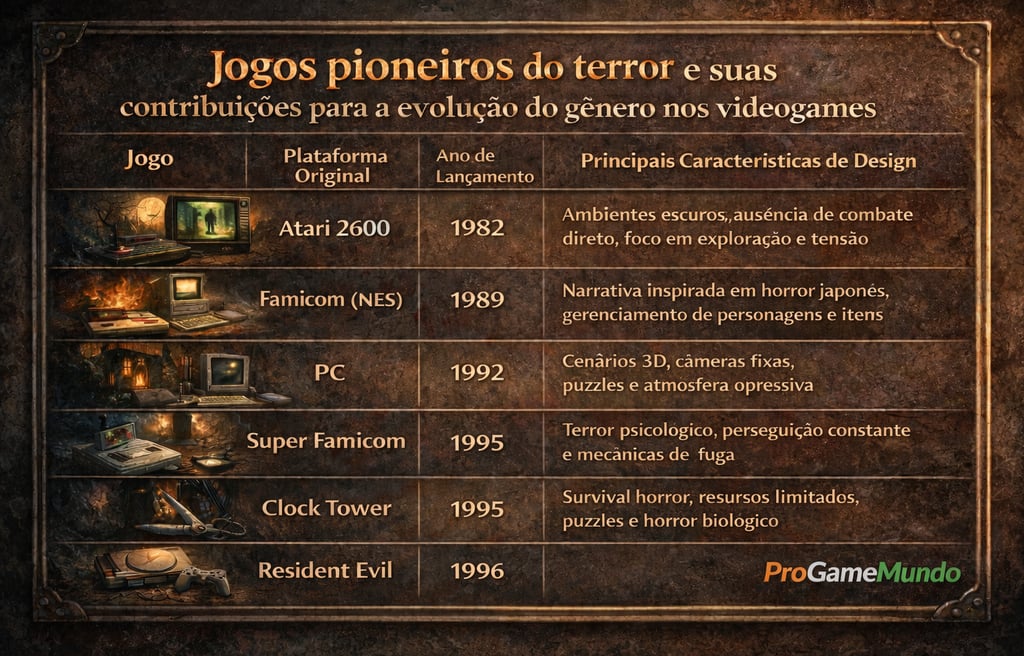 Comparativo com jogos pioneiros de terror mostrando plataformas, anos de lançamento e característica