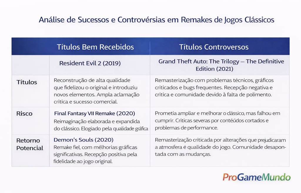 Tabela comparando remakes bem recebidos e controversos por escopo, crítica e reação da comunidade