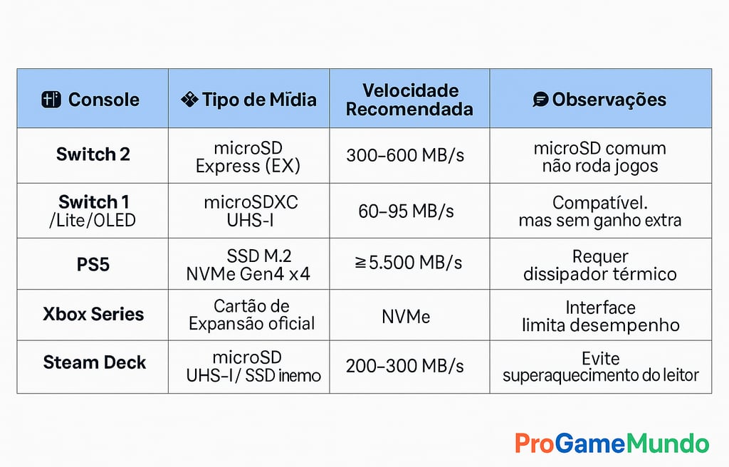 Tabela comparando mídias e velocidades de armazenamento dos consoles modernos.