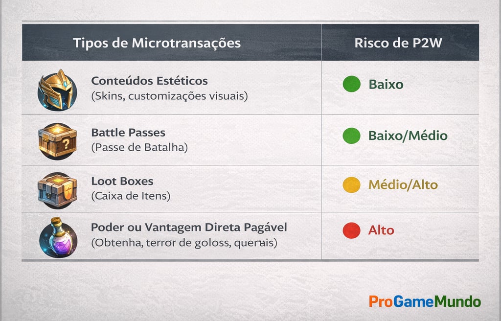 Tabela comparando tipos de microtransações em jogos online e seus níveis de risco de pay to win