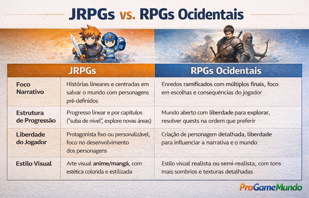Tabela comparativa entre JRPGs e RPGs ocidentais com foco em narrativa, progressão e estilo visual