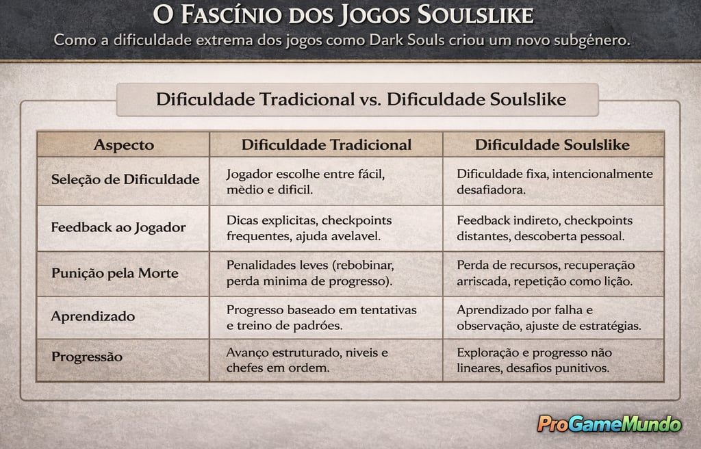 Tabela comparando dificuldade tradicional e dificuldade soulslike em feedback, punição e progressão