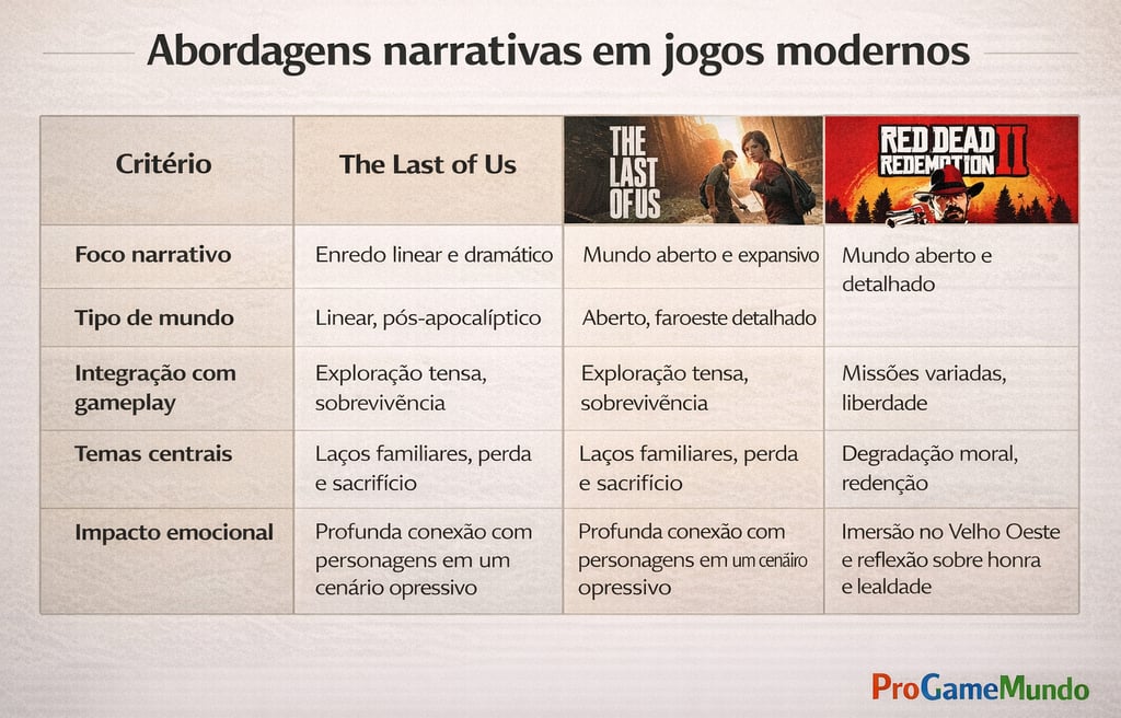 Tabela compara abordagens narrativas de The Last of Us e Red Dead Redemption 2 por critérios.