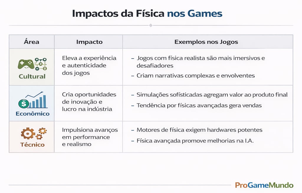 Tabela relacionando impactos culturais, econômicos e técnicos da física nos videogames