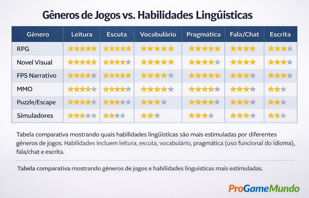 Tabela comparando gêneros de jogos e habilidades linguísticas como leitura, escuta e fala