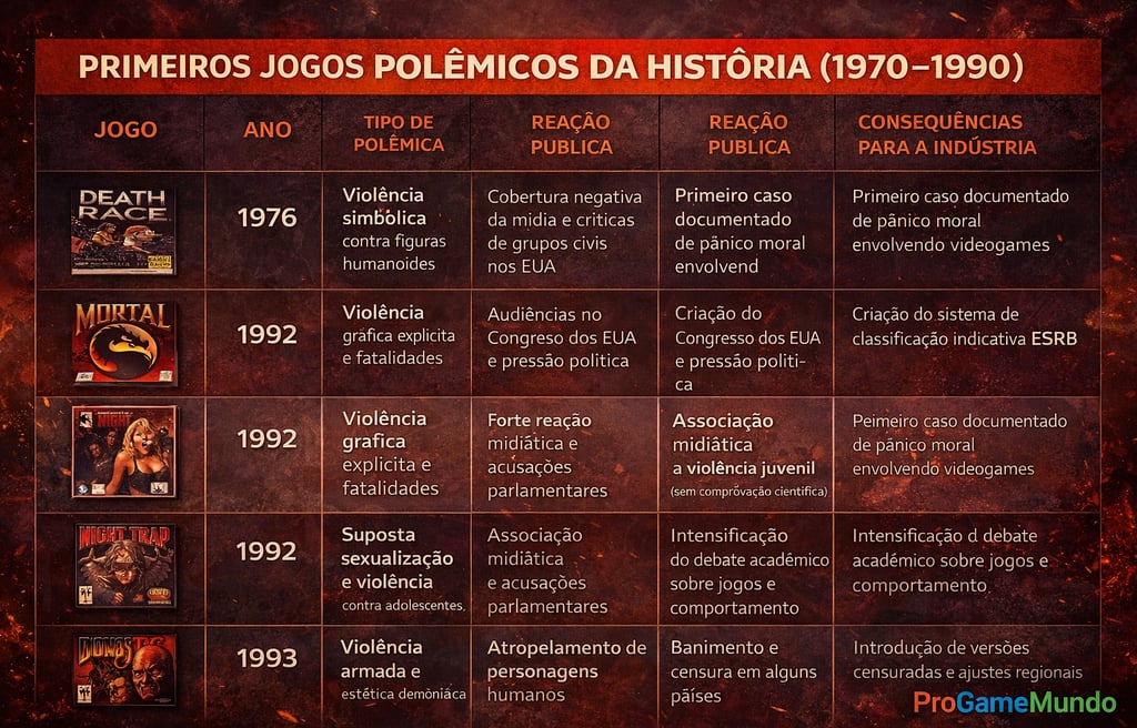 Tabela comparativa dos primeiros jogos polêmicos, suas controvérsias e impactos na indústria