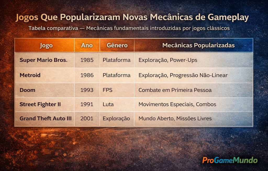 Tabela compara jogos clássicos, anos, gêneros e mecânicas fundamentais de gameplay popularizadas