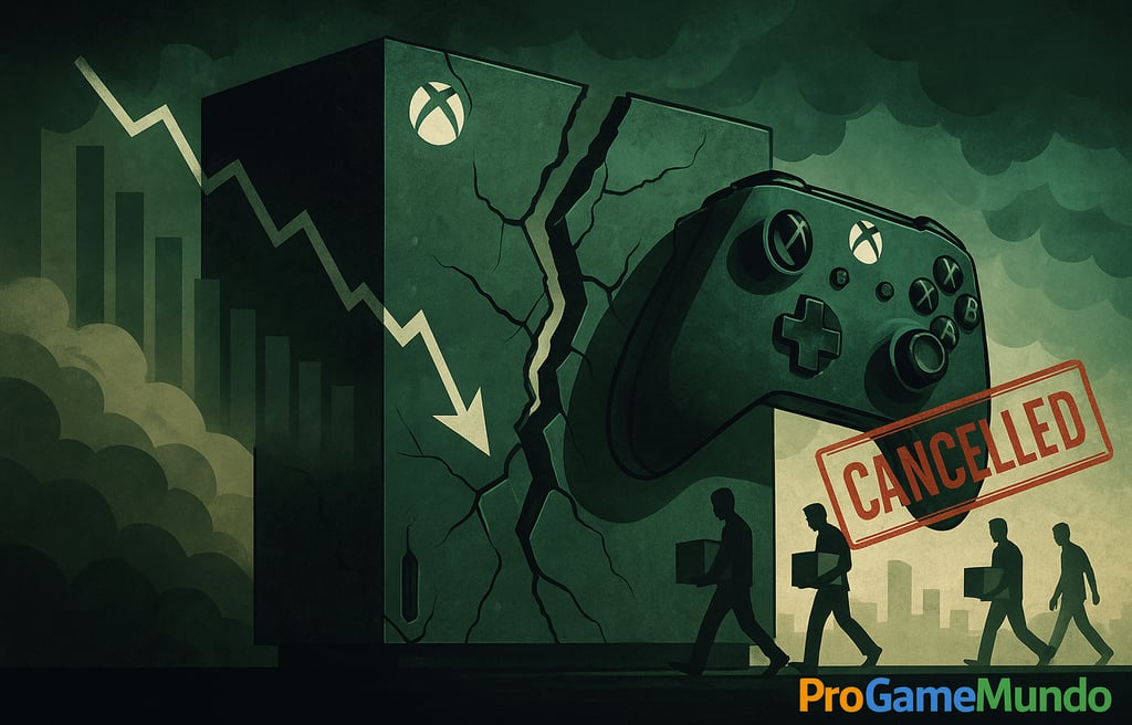 Console Xbox rachado com gráfico de queda, carimbo ‘Cancelled’ e funcionários saindo com caixas.