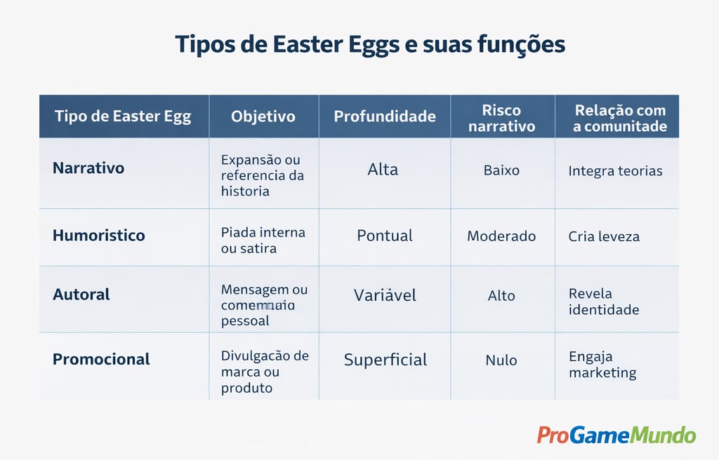 Tabela comparando tipos de Easter Eggs nos games e suas funções narrativas e culturais