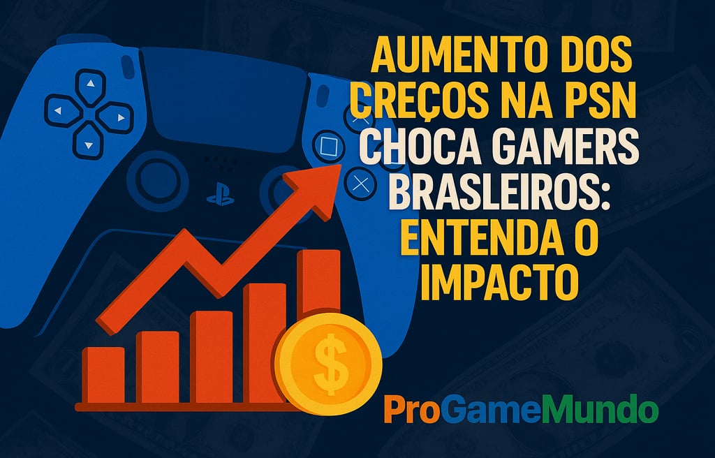 Controle do PlayStation e gráfico de preços em alta com marca ProGameMundo.