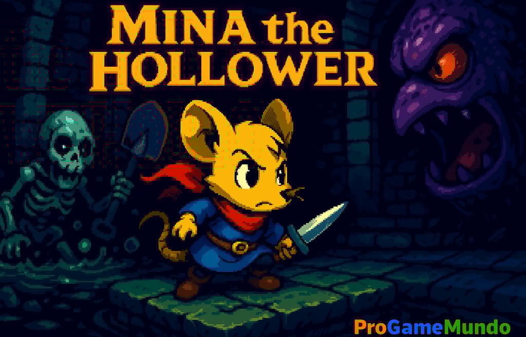 Mina com espada enfrenta inimigos em dungeon retrô pixelado.