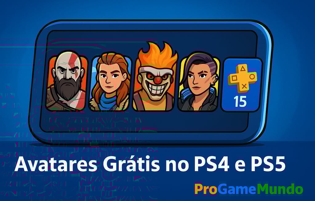 Avatares gratuitos do PS4 e PS5 com destaque visual para Kratos, Aloy e PS Plus.