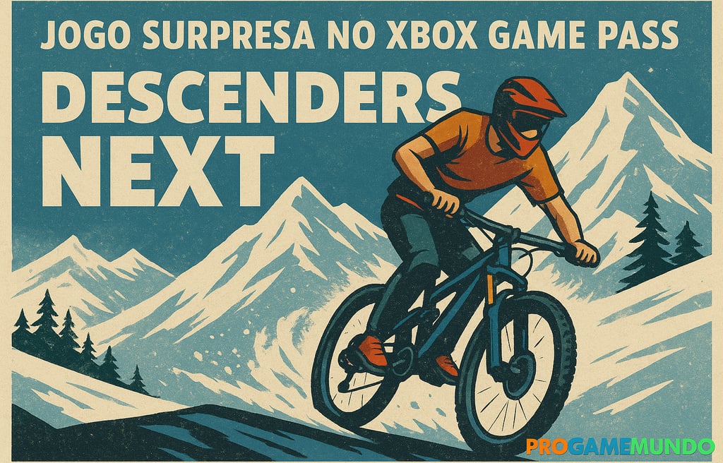 Arte horizontal com ciclista em descida de montanha nevada e destaque para o nome Descenders Next.
