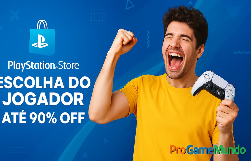 Gamer segurando controle PS5 comemorando desconto de até 90% na promoção “Escolha do Jogador” da PS