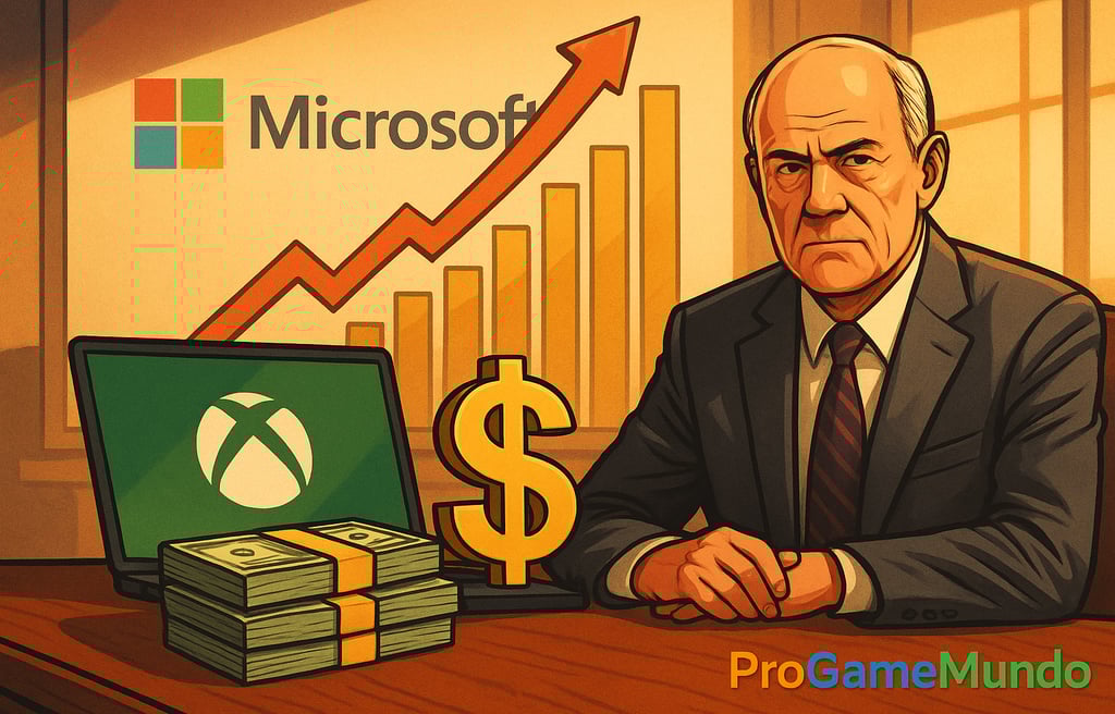Executivo da Microsoft diante de gráfico de crescimento e logotipo do Xbox.