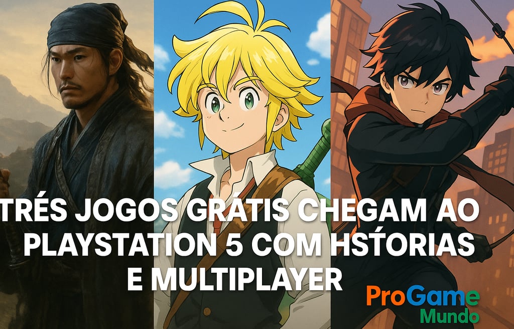 Ilustração horizontal no topo do artigo com heróis dos três novos jogos gratuitos no PS5.