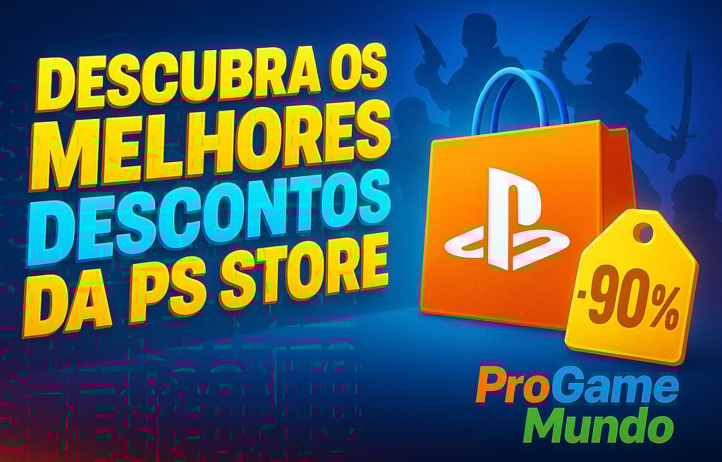 Sacola de promoção inspirada na PS Store com visual neon e destaque de desconto.