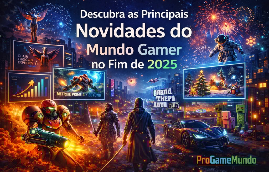 Ilustração horizontal mostrando lançamentos, eventos e tendências do mundo gamer no fim de 2025.