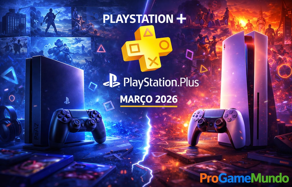 Imagem editorial do PS4 em destaque com tema de PS Plus março de 2026.