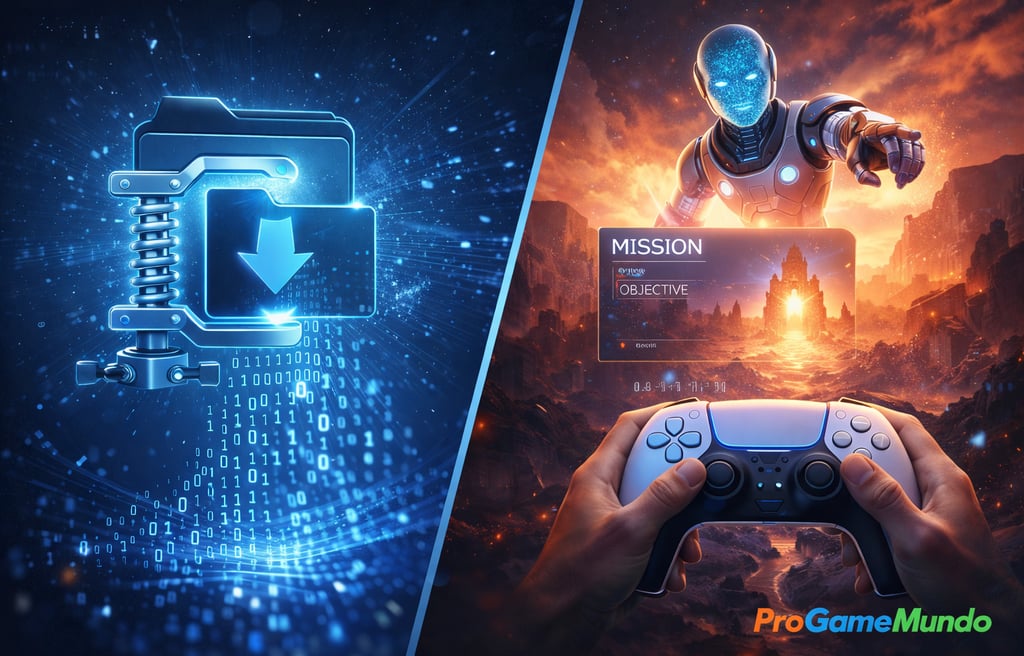 Arte mostra compressão de jogos e IA ajudando jogador no PlayStation.