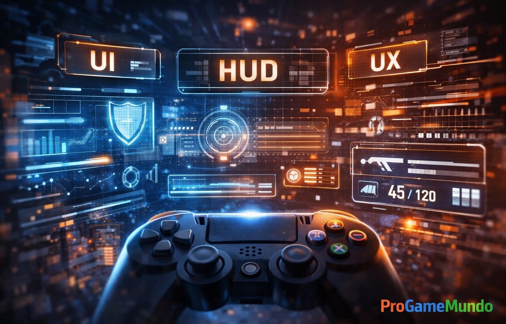 Controle com painéis holográficos de UI, HUD e UX em cenário futurista.