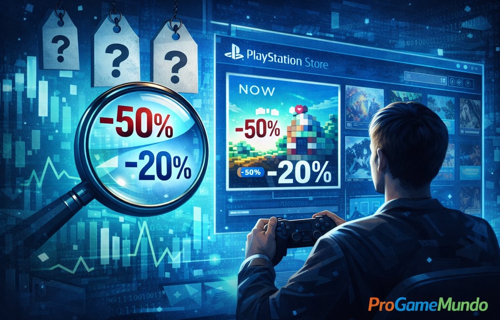 Jogador observa vitrine digital com descontos diferentes e etiquetas de dúvida.