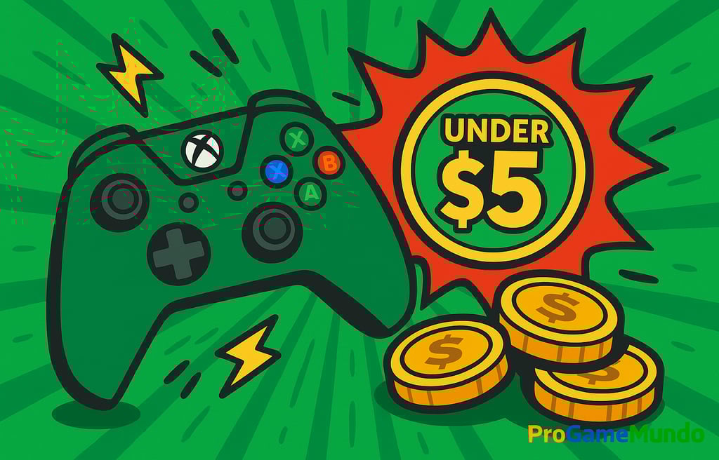 Controle do Xbox com destaque para caixas de jogos voando e efeito visual de promoção.