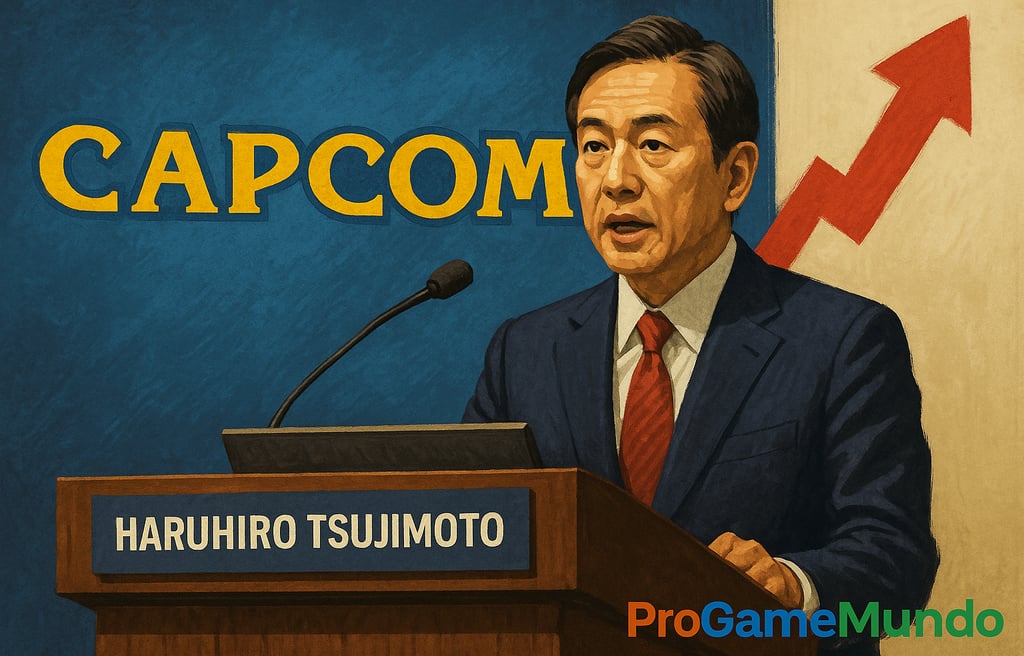 Presidente da Capcom fala sobre reajustes com seta de alta ao fundo.