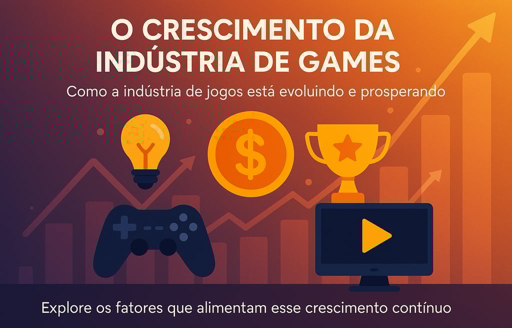 controle de videogame, lâmpada, troféu e gráfico em ascensão, simbolizando inovação, sucesso.