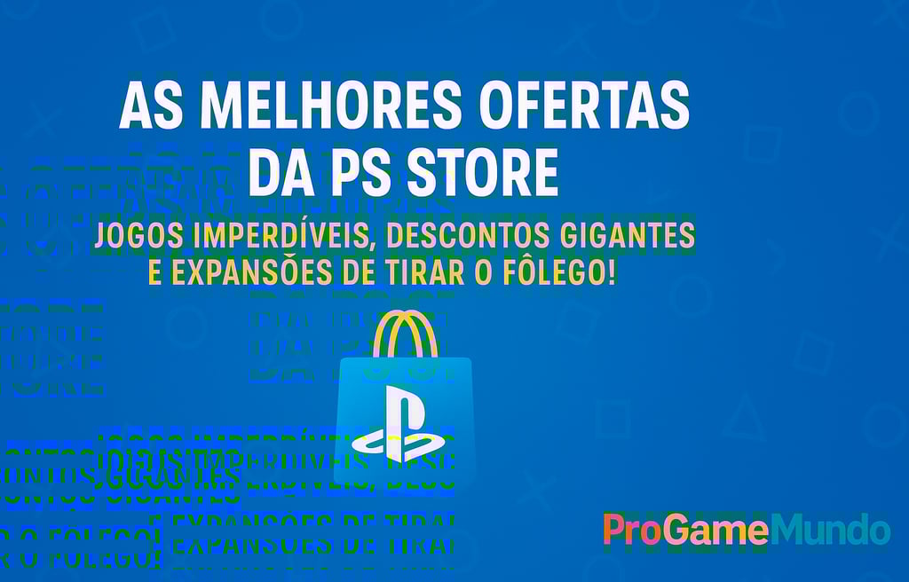 Imagem horizontal com sacola da PlayStation e fundo azul vibrante promovendo ofertas da PS Store.