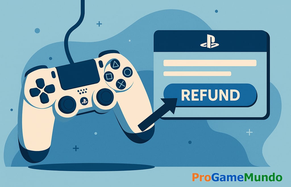Controle PlayStation apontando para botão de reembolso.