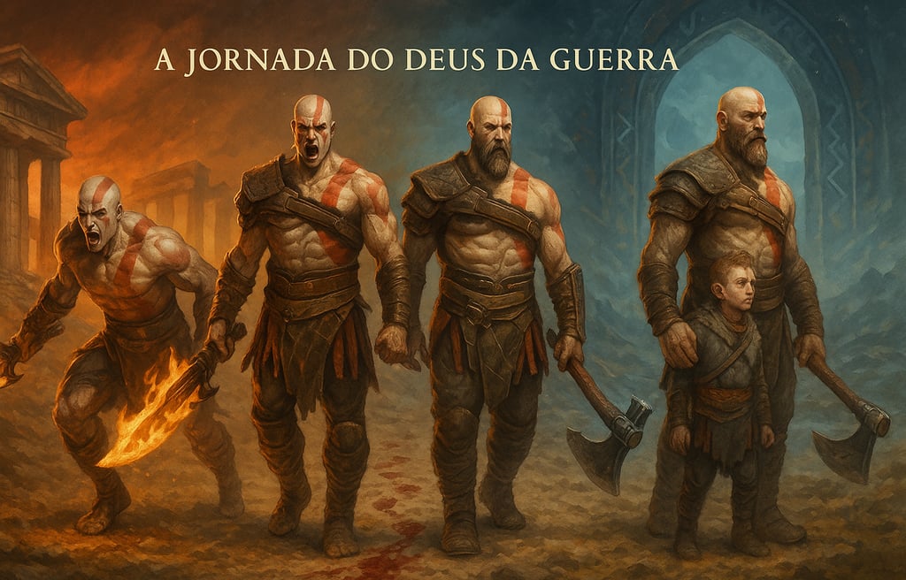 Trajetória de Kratos em God of War, da mitologia grega à nórdica, destacando sua evolução como guerr